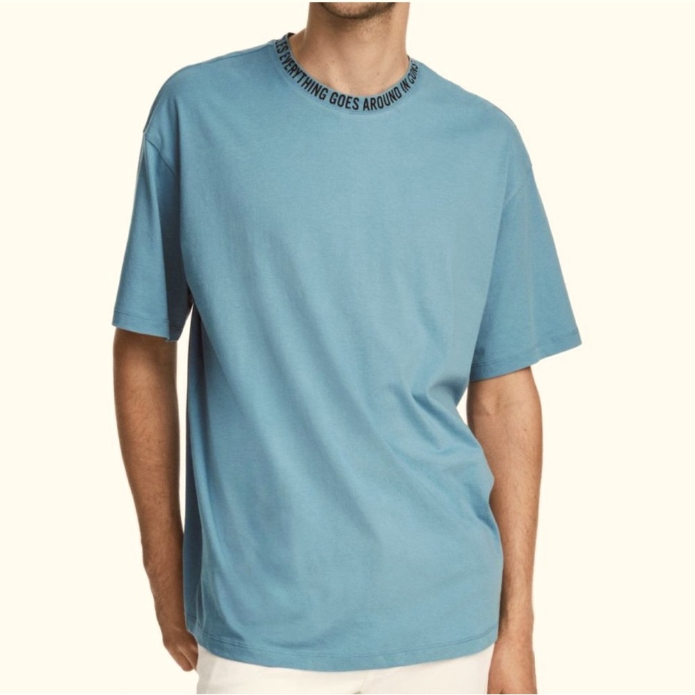 H&M cotton T-SHIRT alphabet Crew neck Grey blue men's size S